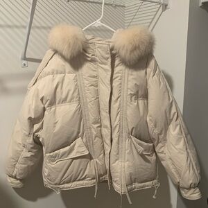 Women's Cream Puffer Jacket with Faux Fur Hood